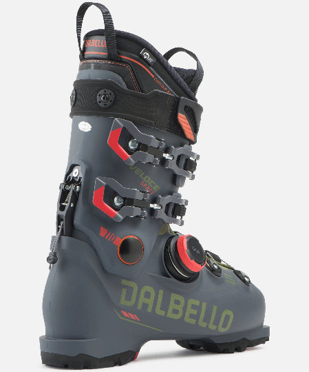 Gray ski boot with black and red accents on a white background, featuring the Dalbello brand.