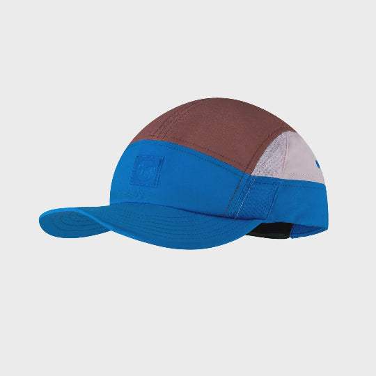 Two-tone blue and brown cap on a light gray background