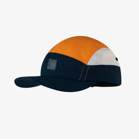 Multicolored cap with orange, navy, and white sections on a light gray background