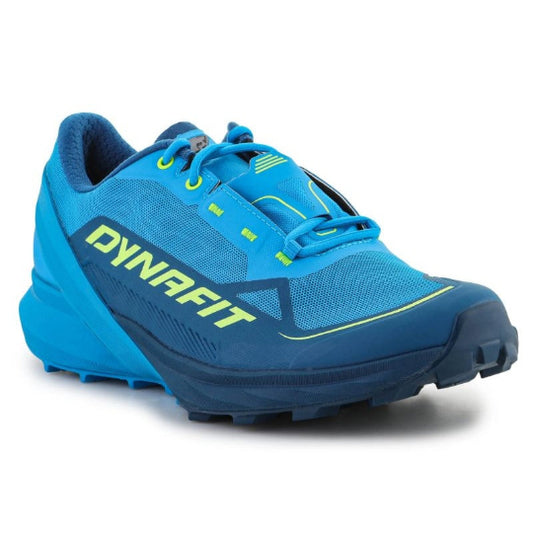 Blue running shoe with yellow accents on a white background