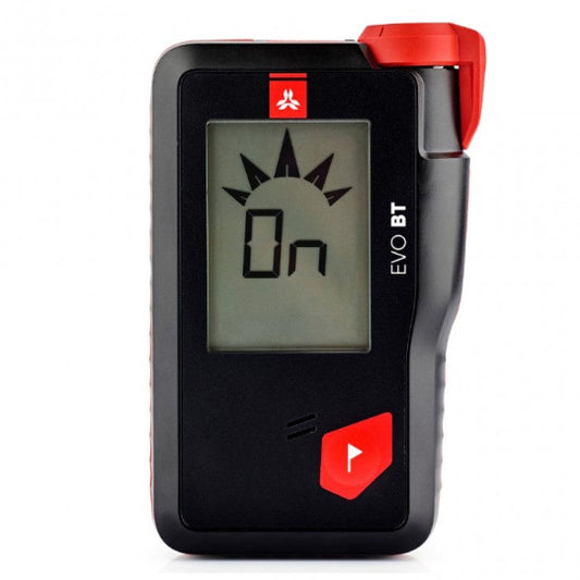 Digital device with a screen and red buttons on a white background