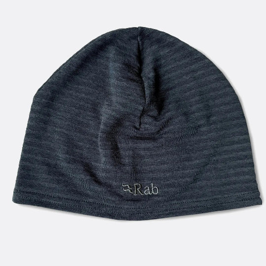 Dark gray beanie with 'Rab' logo on a light gray background