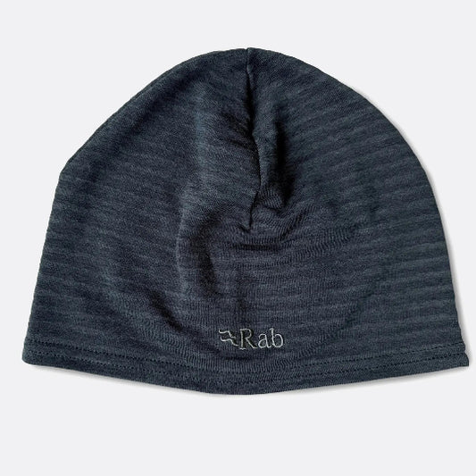 Dark gray beanie with 'Rab' logo on a light gray background