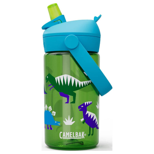 Green water bottle with dinosaur design and blue lid on a white background