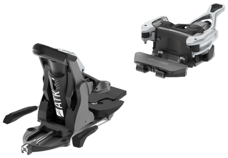 Two ski bindings on a white background