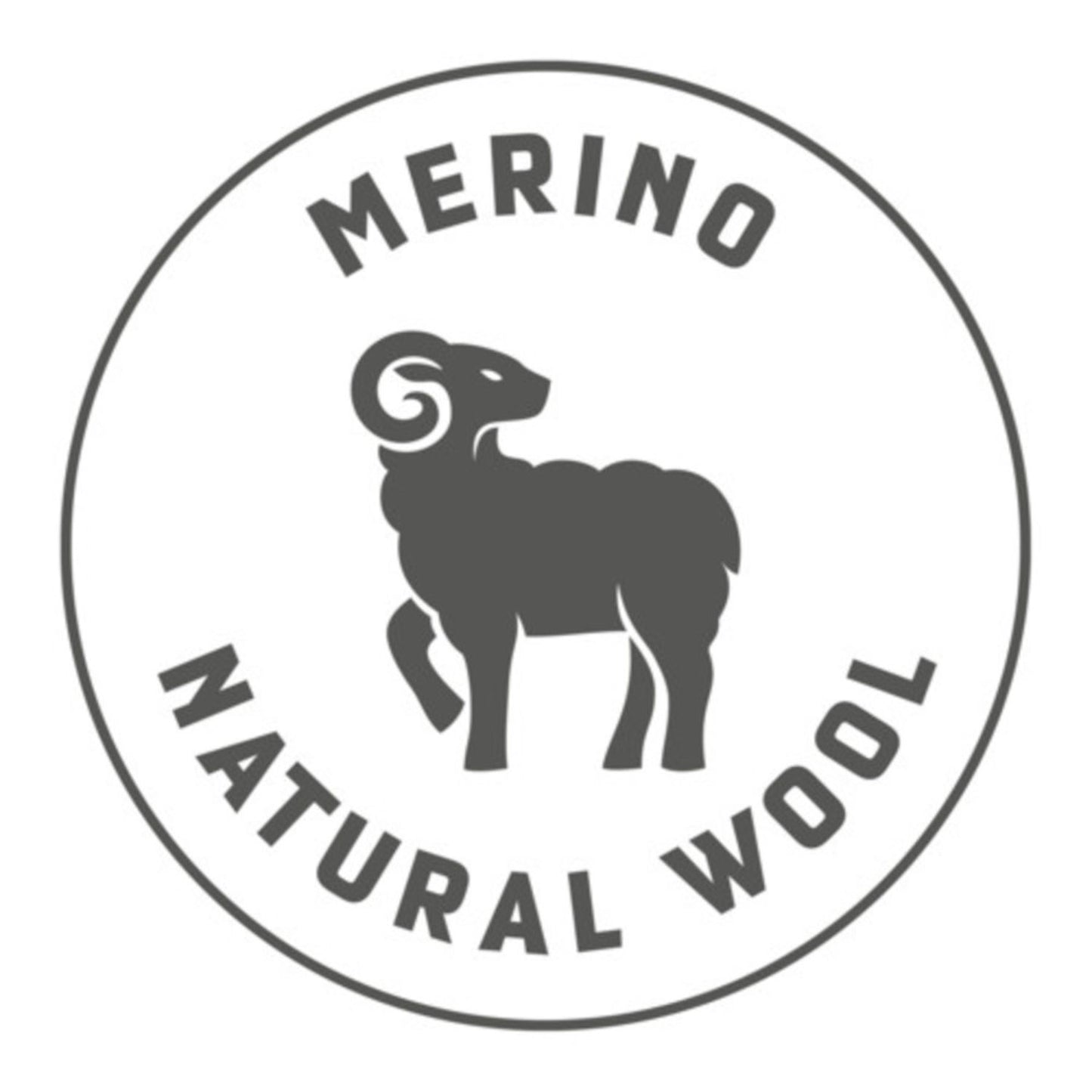 Logo with a silhouette of a ram and text 'Merino Natural Wool' inside a circular border.