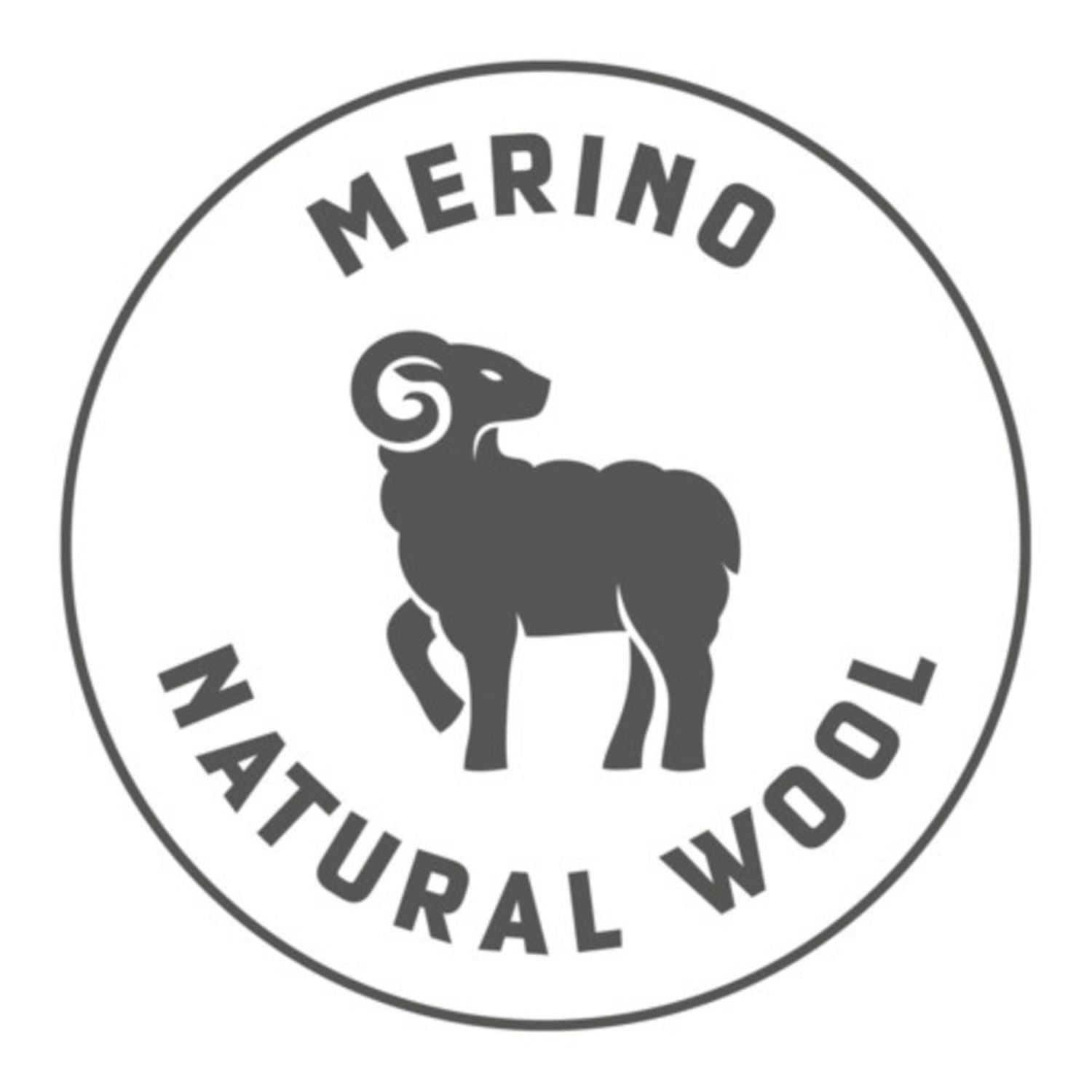 Logo with a silhouette of a ram and text 'Merino Natural Wool' inside a circular border.