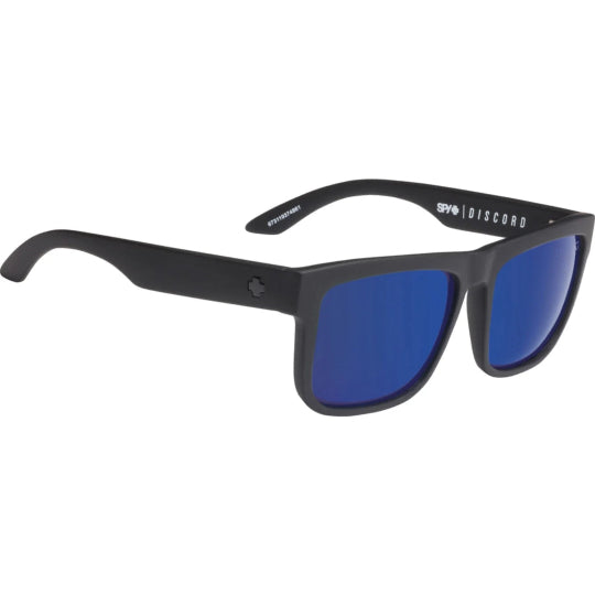 Black sunglasses with blue lenses on a white background
