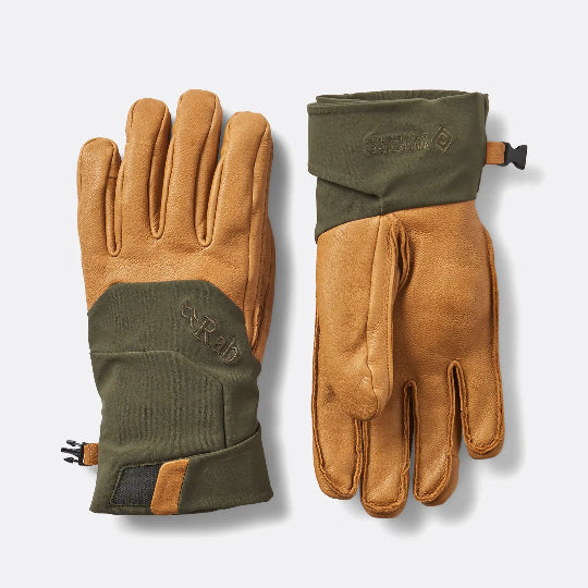 Pair of brown and green gloves on a light gray background