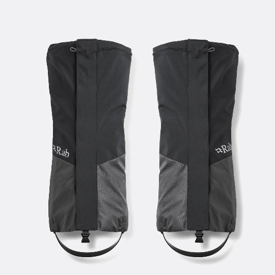 Black and gray gaiters with visible branding on a white background