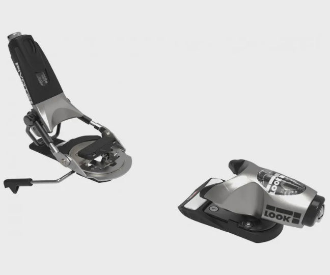 Silver LOOK ski binding on a white background