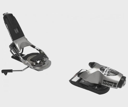 Silver LOOK ski binding on a white background