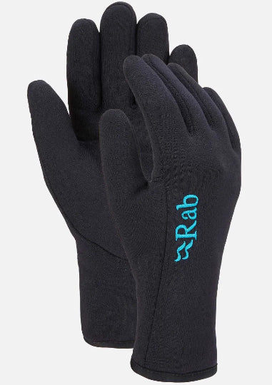 Black gloves with a blue logo on a white background