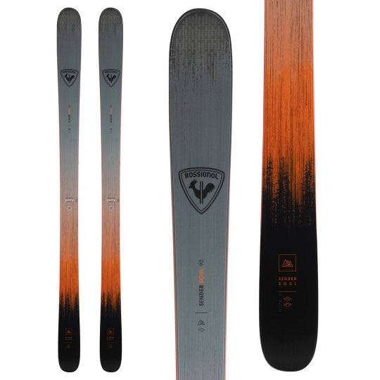 Two Rossignol skis shown from front, side, and back views on a white background.