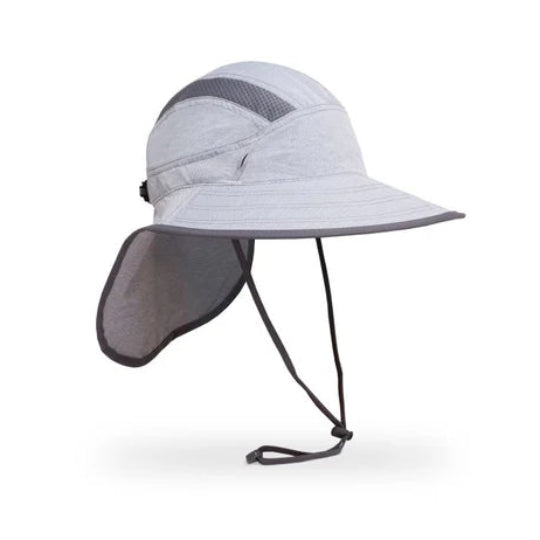 Gray sun hat with neck flap on a white background