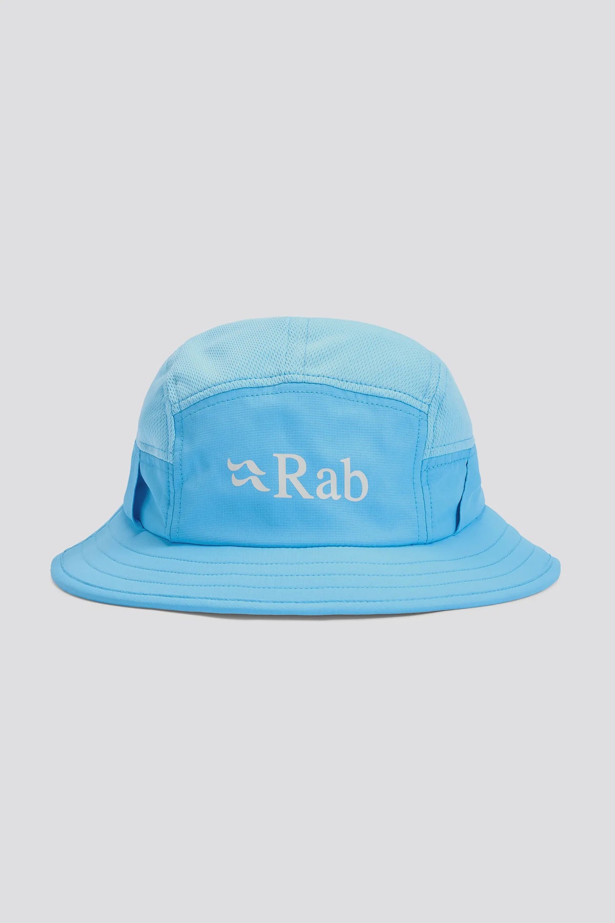 Blue bucket hat with 'Rab' logo on a light blue background