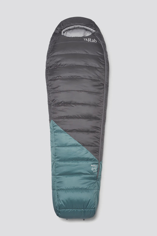 A mummy-style sleeping bag from Rab, featuring a dark gray upper body and a teal lower body, shown flat against a light gray background.