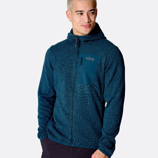 Man wearing a teal jacket with a brand logo on a white background