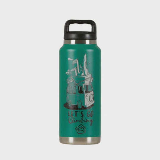 Teal water bottle with black lid on a white background