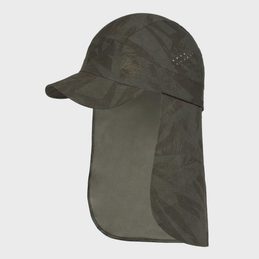 Green cap with neck flap on a light gray background