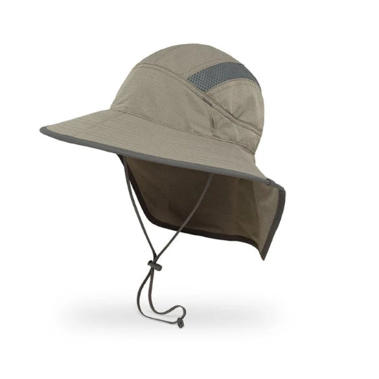 Khaki bucket hat with chin strap on a white background