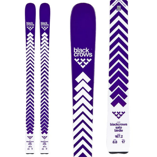 Purple and white skis with 'black crows' branding on a white background