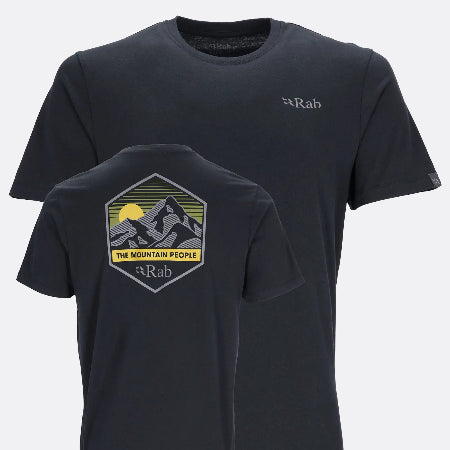 Black t-shirt with a picture of mountains and "The Mountain People" "Rab" printed on it