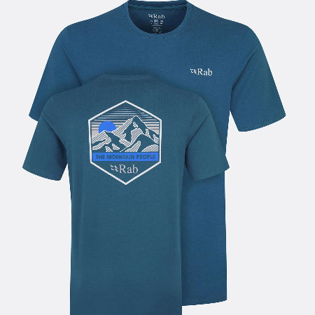 Blue t-shirt with a picture of mountains and "The Mountain People" "Rab" printed on it