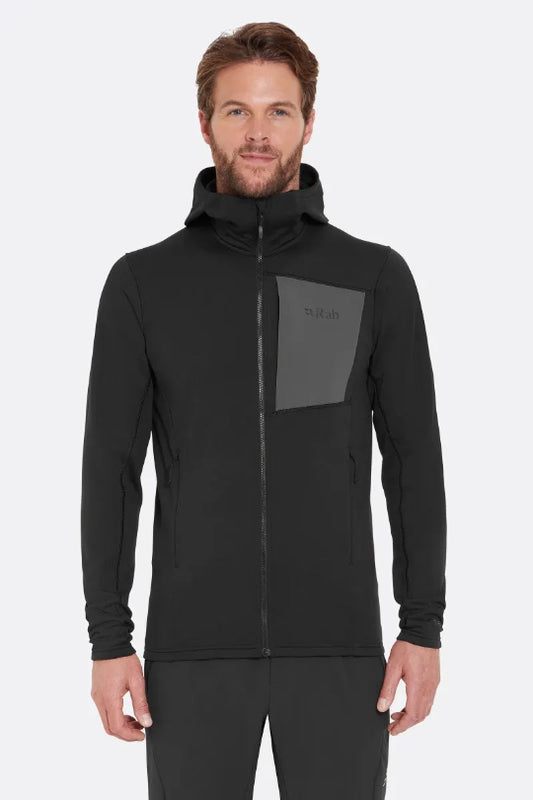 Man wearing a black jacket with a hood on a white background