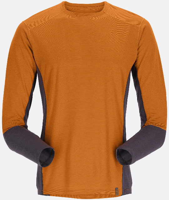 Orange long-sleeve shirt with dark sleeves on a white background