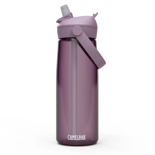 Purple water bottle with a straw lid on a white background