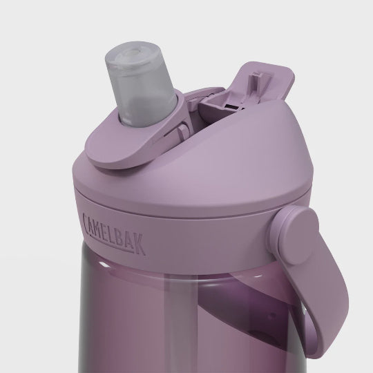 Purple water bottle with a lid on a light gray background
