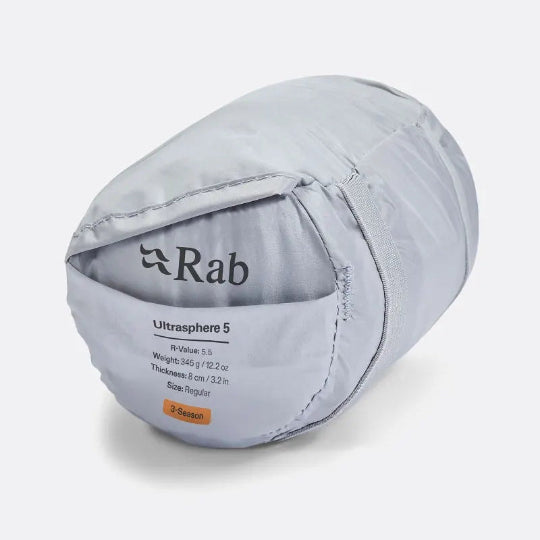Roll of Rab Ultrasphere 5 sleeping bag on a white background
