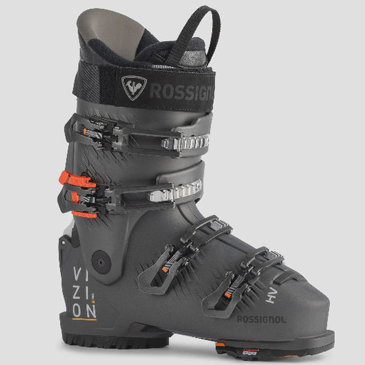 Gray ski boot with black and orange accents on a white background