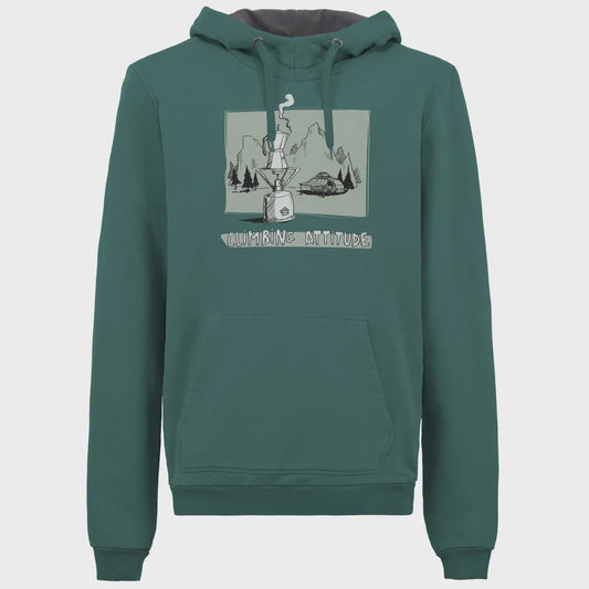 Green hoodie with camp coffee graphic design on a light green background