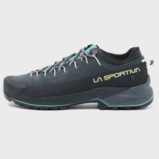 A dark gray La Sportiva trail running shoe with teal accents on the laces, midsole, and logo, shown from a side profile on a light gray background.