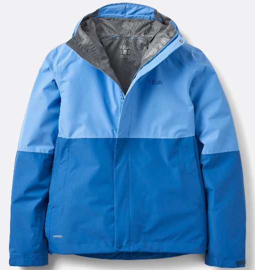 Blue jacket with hood on a light gray background