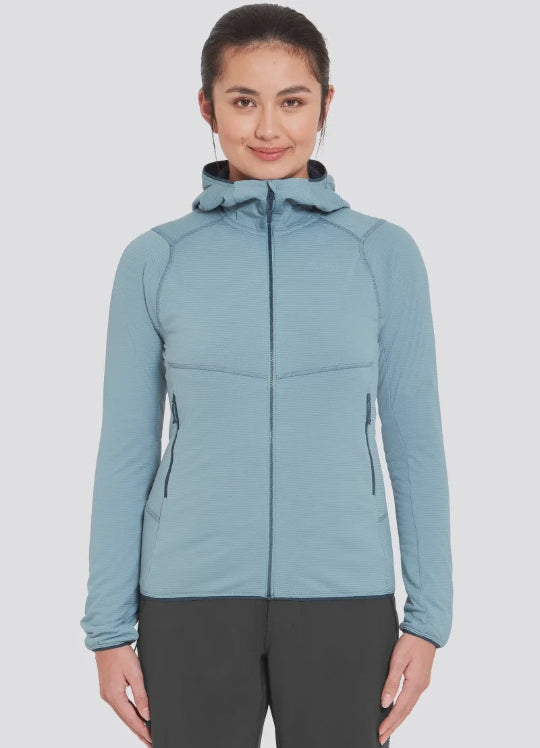 Woman wearing a light blue jacket on a white background