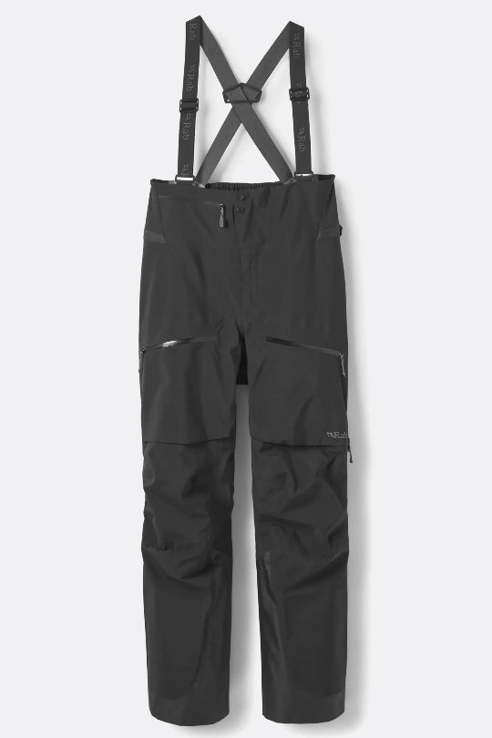 Black snow pants with suspenders on a white background