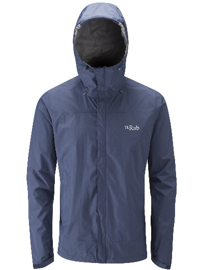 Blue rain jacket with a hood on a white background
