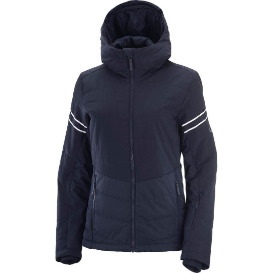 A navy blue women's ski jacket with a hood, featuring white stripe details on the sleeves, a full zip closure, and thumb loops in a regular fit.